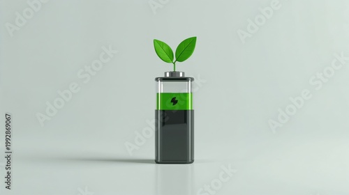 Battery with leaves representing green energy and sustainability
