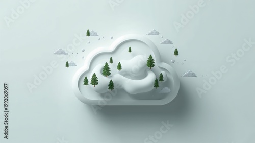 Cloud with green trees and small clouds in a 3D landscape on white background