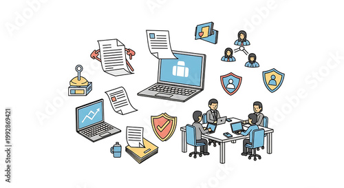 Business team collaborating on a project, analyzing data on laptops, discussing strategy, with security icons for protection and management, ideal for corporate workflow and teamwork concepts