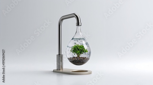 Water faucet with a tree inside a glass droplet against white