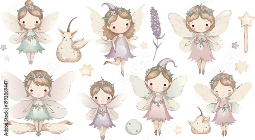 Whimsical illustration of multiple cute fairy girls in various poses with animals and flowers