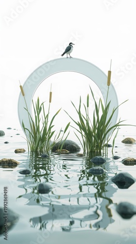 Bird perched on a circular structure above water with cattails