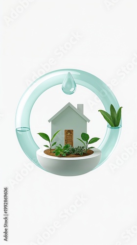 Eco-friendly house surrounded by a water cycle symbol