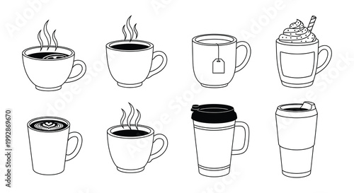 A collection of hand drawn coffee cups with rising steam isolated on white