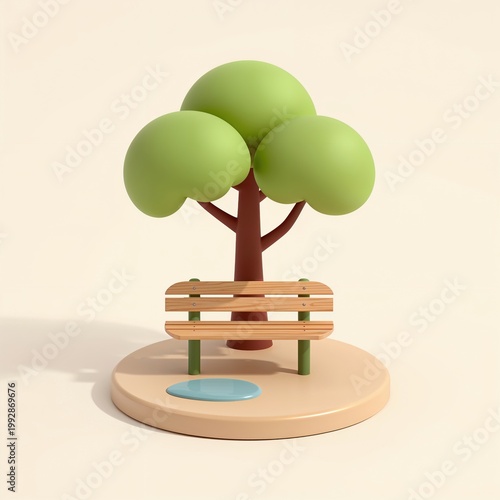Cartoon tree and bench on a small platform with a puddle
