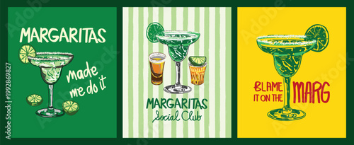 Margarita Poster Set Trendy Cocktail Typography -  Blame It on the Marg and Social Club Quotes