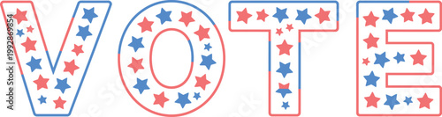 Vote text filled with blue and red star, USA election design element, transparent PNG and vector illustration for political campaigns, democracy themes, voting awareness, and civic design projects.
