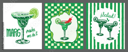 Retro Green Margarita Poster Set with Lime Cocktail Fiesta Design