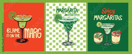 Trendy Mexican Margarita Poster Set with Lime Salt and Fiesta Party Drinks