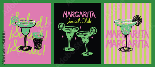 Trendy Neon Pink and Lime Margarita Mexican Cocktail Poster Set