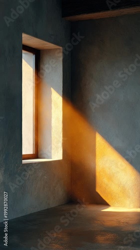 Sunlight beam through window in minimal architecture room interior, shadow on concrete wall with warm golden light and clean minimalist design