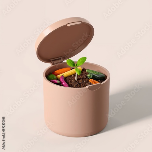 Composting vegetables and seedling in a small bin with open lid