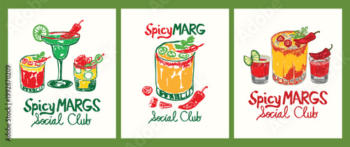 Spicy Margarita Social Club Poster Set with Cocktail Bar Nightlife Theme