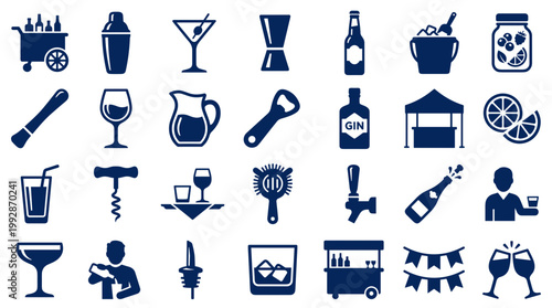 Collection of Barware and Drink Icons Representing Mixology Bartending and Party Celebration Elements
