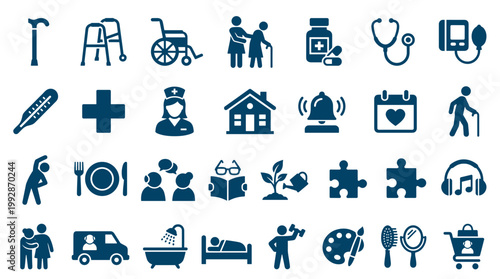 Collection of healthcare and senior care icons representing medical services, assistance, and healthy lifestyle for elderly people
