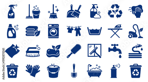 Collection of blue cleaning icons representing household chores and hygiene services including laundry washing and tidying up equipment for home care and sanitation
