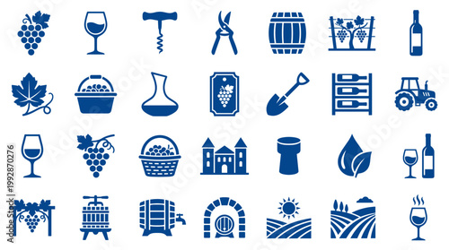 Collection of blue wine and vineyard icons representing the entire winemaking process from grape cultivation to serving wine