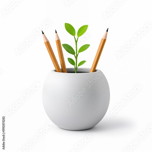 Pencils and plant in a white round vase on white for growth concept