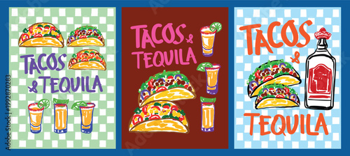 Trendy Retro Tacos and Tequila Poster Set with Checkered Background Design