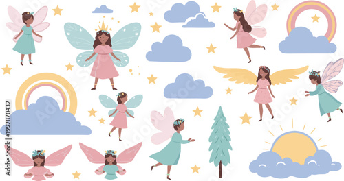 Whimsical illustration of fairies and magical elements in pastel colors