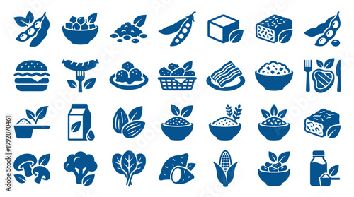 Collection of blue vegan food icons representing plant based ingredients and meals for healthy eating and vegetarian lifestyle