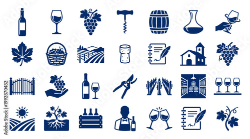 Collection of wine and vineyard icons representing winemaking process from grape growing to tasting and serving wine