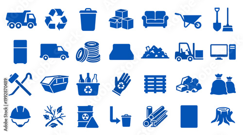 Collection of blue recycling and waste management icons representing various objects and services for environmental protection and industrial logistics