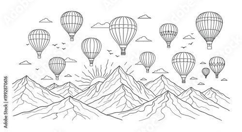 Line art illustration depicting hot air balloons over mountains and sun