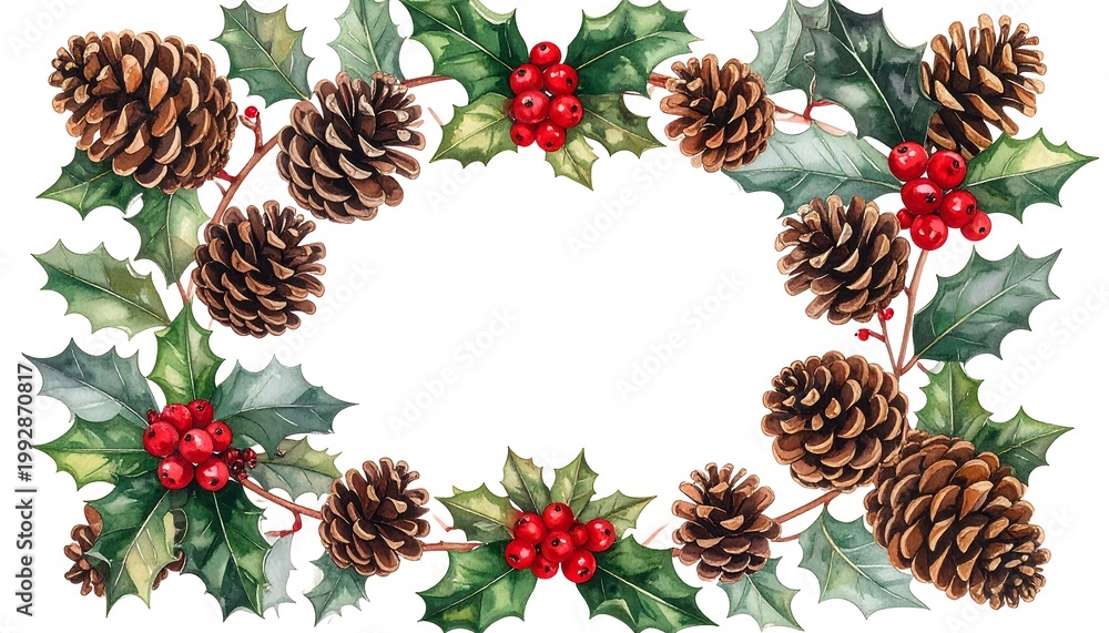 Fototapeta premium Holiday-themed frame featuring natural pinecones and bright holly berries