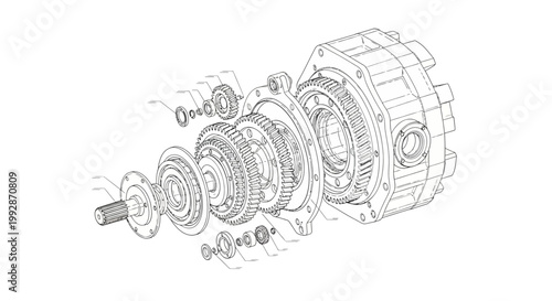 Detailed technical line drawing of a gearbox mechanism with exploded view showcasing gears and components, presented in a monochrome scheme against a stark white background