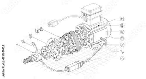 Technical blueprint illustration of a motor assembly with labeled components displayed in an exploded view, rendered on a white background with a detailed, schematic style emphasizing