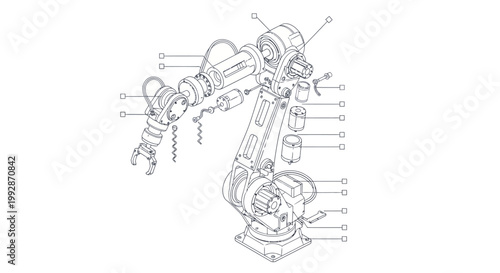 Technical blueprint illustration of an industrial robotic arm with labeled components, presented in a detailed line drawing against a clean white background, showcasing the mechanical