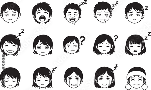 Asian Boy and Girl Face Avatar Set Showing Tired Sleepy Sad and Confused Expressions in Outline