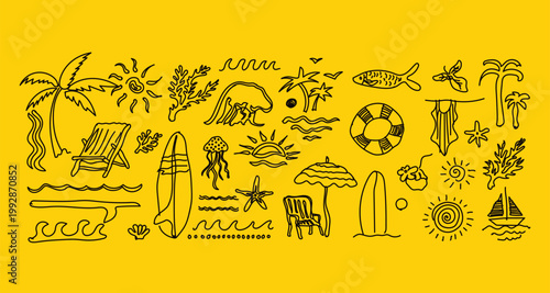 Hand-drawn doodle beach and surf icon vector set in retro colors with tropical elements like palm trees, waves, surfboards, and sun