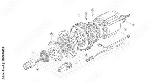Detailed technical line drawing of an electric motor with its components in exploded view, presented in a precise isometric projection against a stark white background, creating a clean