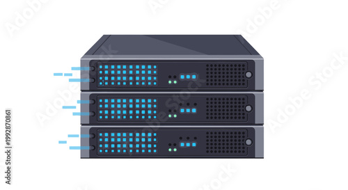 Stack of three modern server racks with blue indicator lights, representing data storage and technology