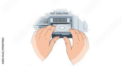 Hands installing or removing a hard drive from a computer server bay with hot swapping label
