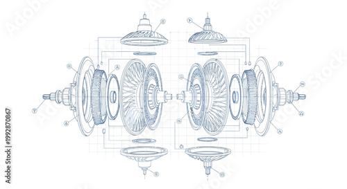 Detailed technical blueprint illustration showing an exploded view of a complex mechanical component with intricate internal structures, rendered in a clean, minimalist style on a bright