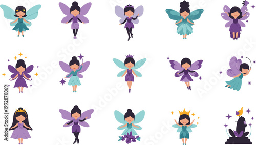 Collection of various colorful fairy illustrations with different poses and outfits