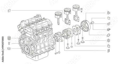 Detailed technical line drawing showcases an exploded view of a car engine with labeled components, rendered in a schematic style against a clean white background for engineering