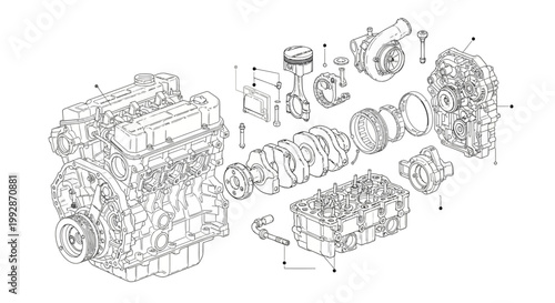 Detailed technical illustration depicting a disassembled internal combustion engine with its various components, rendered in a clean, blueprint-style line drawing against a stark white