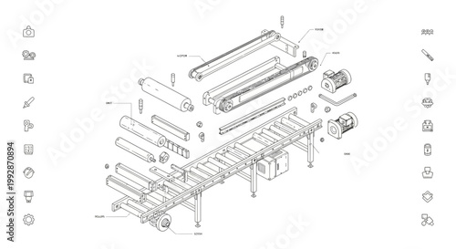 Isometric technical drawing of a conveyor belt system with rollers and motors, shown in a blueprint style, using thin lines and white space to create a clean, informative diagram