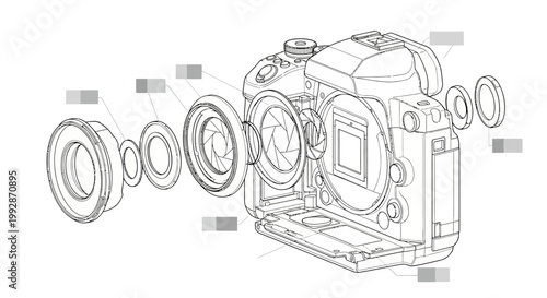 Detailed technical illustration of a deconstructed DSLR camera with various labeled parts floating in a diagrammatic arrangement against a white background, offering a clear view