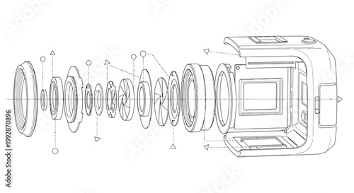 Technical line drawing of an exploded view of a compact camera, presented in a blueprint style with precise details, showcasing the internal components against a clean white background