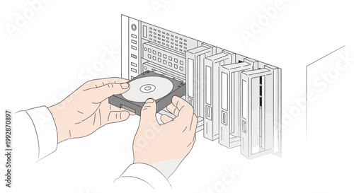 Close-up of hands inserting a hard drive into a server rack, representing data storage and technology.