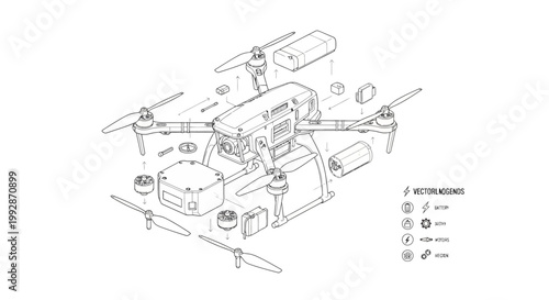 Technical line drawing showcases a drone and its components arranged in an exploded view diagram against a white background, revealing the inner workings with clean, minimalist illustration