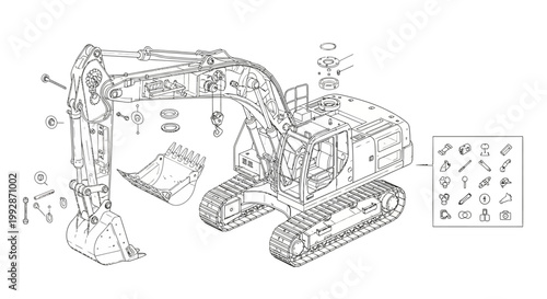 Detailed schematic illustration of an excavator with separated components displayed against a stark white background, rendered in a technical style with precise linework