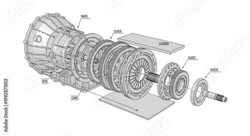 Detailed exploded diagram illustrates the components of an automotive transmission system, presented in technical line art with meticulous labeling against a clean white backdrop