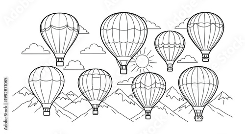 Line art illustration depicting hot air balloons over mountains and sun