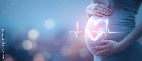 The pregnant woman holding belly with glowing fetal heartbeat and soft bokeh background